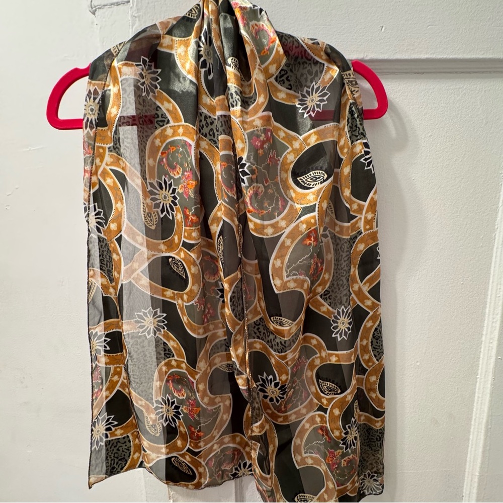 Chic Sheer Scarf with Gold and Black Pattern 100% polyester